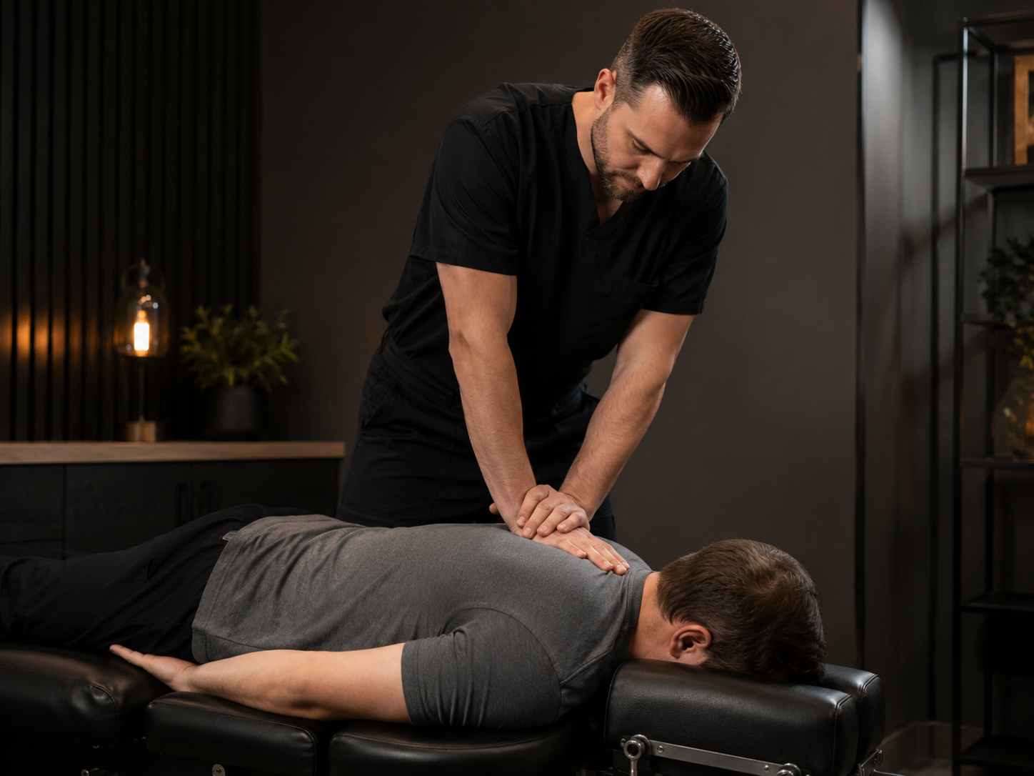 Chiropractor performing a chiropractic adjustment.