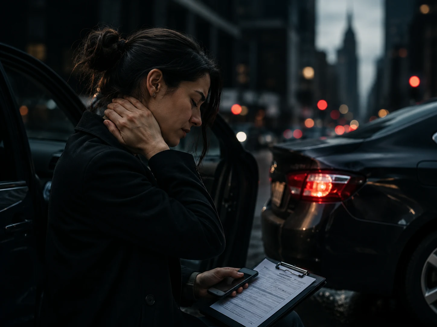 Woman with neck pain completing insurance paperwork after a car accident in New York