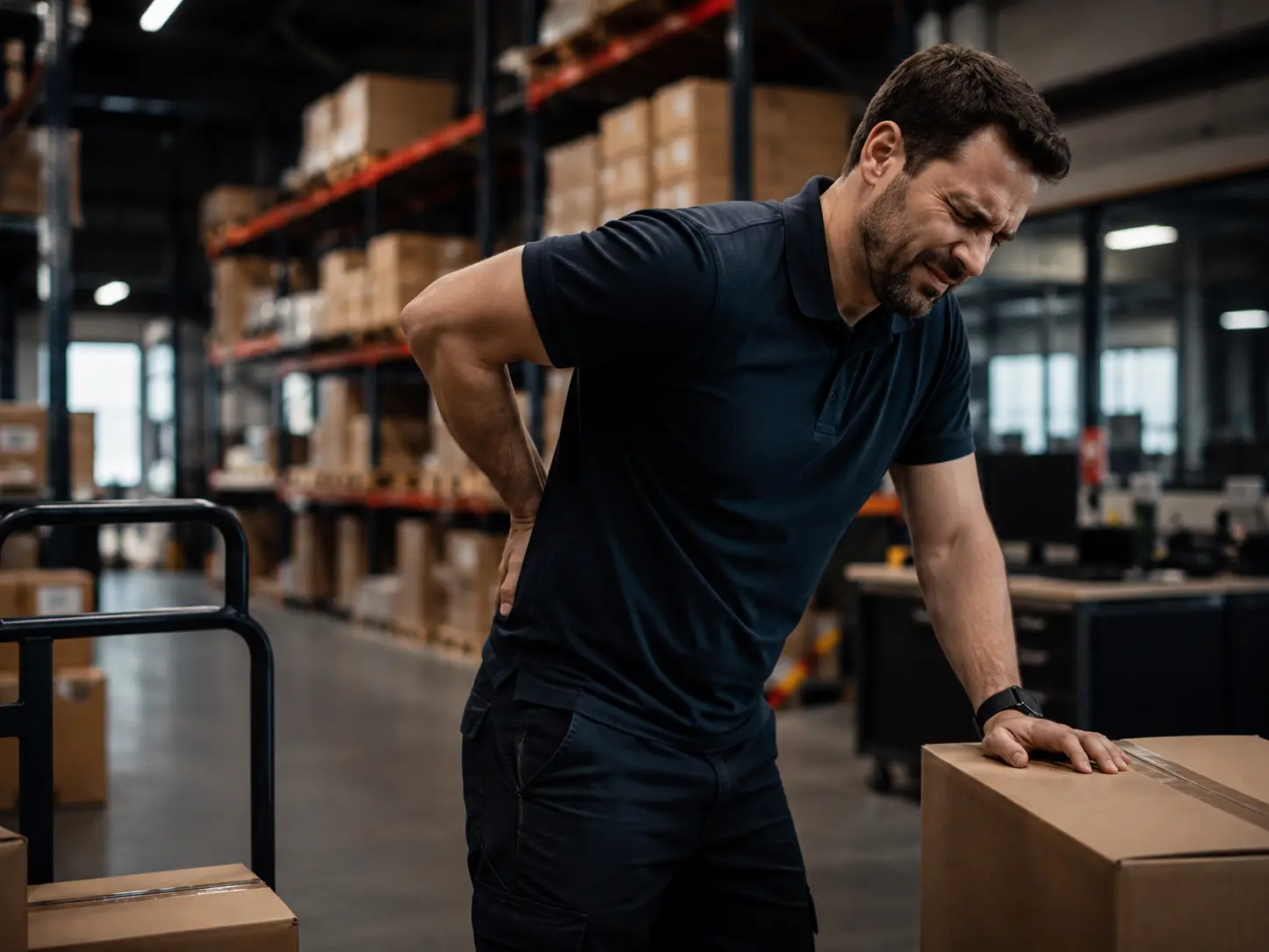 Warehouse worker holding his lower back after a workplace lifting injury